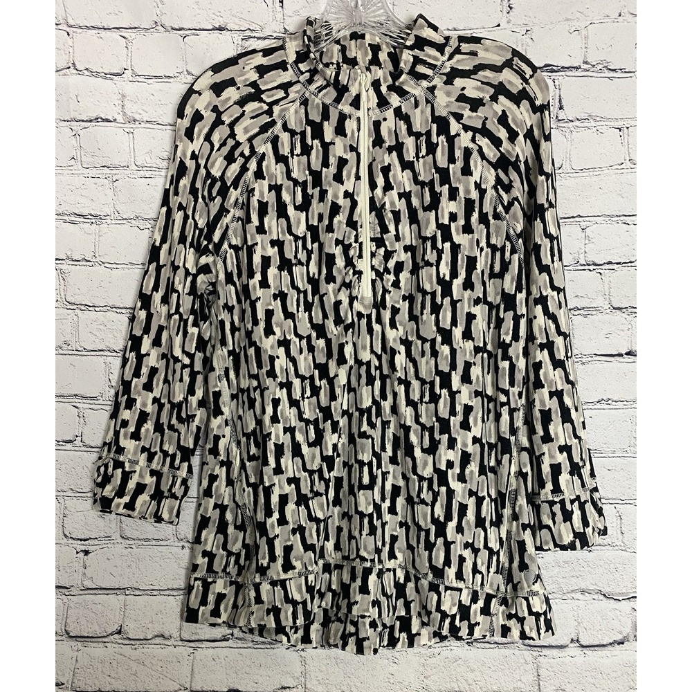Talbots Top LP Black White Grey Abstract 1/4 Zip Pullover Zip Pockets